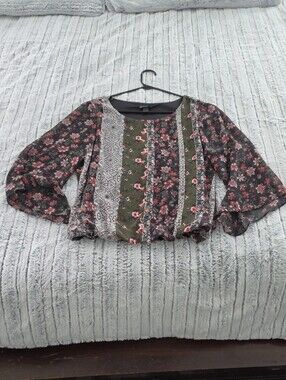 new directions Olive & Black Floral Patchwork Blouse